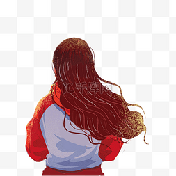 红色头发女孩图片_可爱的长头发女孩背影免扣图