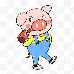 卡通小猪吃西瓜png透明底