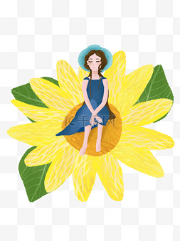 花上的女孩图片_水彩绘坐在向日葵花上的女孩psd人