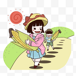 手绘笑脸图片_手绘抱着玉米的女孩插画