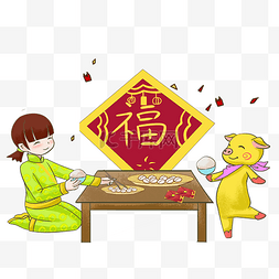 新年小女孩包饺子手绘插画