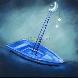 蓝色星星手绘图片_梦幻月光下的小船手绘插画