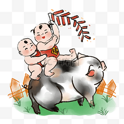 猪图片_2019猪年中国风水墨年画福娃骑猪