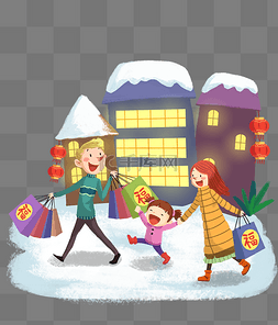 冬日年货节卡通手绘一家人购物