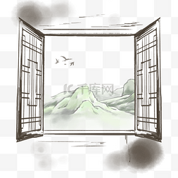 水墨风格中国风传统窗框窗户山水