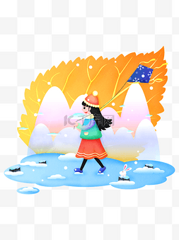 二十四节气小雪图片_二十四节气小雪之女孩放风筝商用