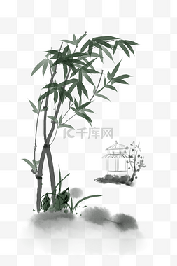 富贵竹水墨亭子插画