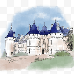 钢笔水彩蓝顶欧洲城堡
