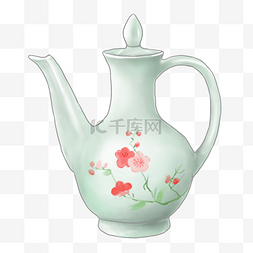 古典红色花朵图片_红色花朵陶瓷茶壶插画