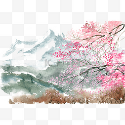 手绘桃花图片_桃花盛开的山谷水彩画PNG免抠素材