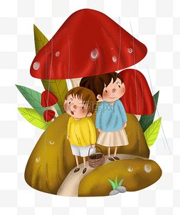 秋游手绘蘑菇下避雨的女孩