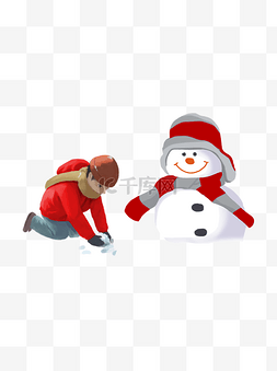 玩雪的小男孩和雪人设计可商用元