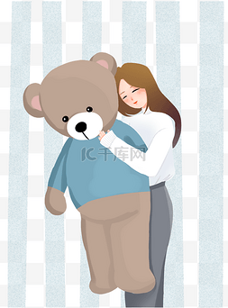 抱玩偶图片_手绘温暖美女抱大熊