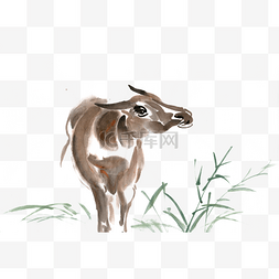 草地上的牛水墨画PNG免抠素材