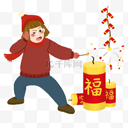 新年放爆竹的小女孩