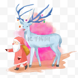 卡通手绘水彩麋鹿和圣诞老人