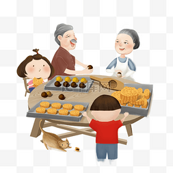 卡通月饼图片_中秋节做月饼团圆主题插画