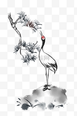 水墨吃树叶的仙鹤插画