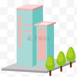 绿粉色楼房2.5D插画