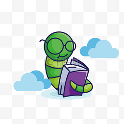 手绘卡通绿色书图片_在云朵里看书的虫子矢量免抠图