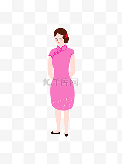 卡通穿粉色旗袍的女人元素