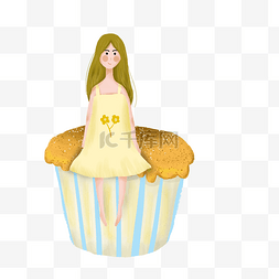 小清新图片_简约手绘坐在蛋糕上的女孩插画海