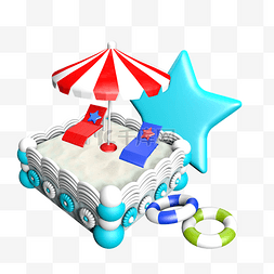 燥热图片_蓝色沙滩生日蛋糕帐篷椅子游泳圈