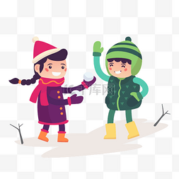 圣诞节冬季下雪天打雪仗小孩插画