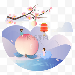 新年红灯笼梅花图片_中国风古典桃子红灯笼梅花小景观