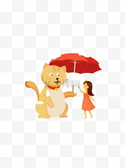 伞的女孩图片_撑伞的女孩和猫咪插画元素设计可