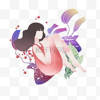 端午节女孩和叶子插画