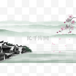 水墨淡彩装饰画图片_中国风水墨桃花落花水岸民居元素