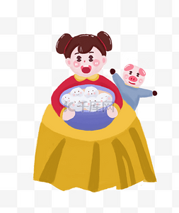 2019年春节图片_元宵节可爱女孩和猪猪吃汤圆