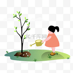 手绘人物植树图片_卡通手绘植树节小女孩浇水插画