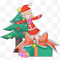 圣诞手绘场景图片_圣诞节小女孩与圣诞树插画