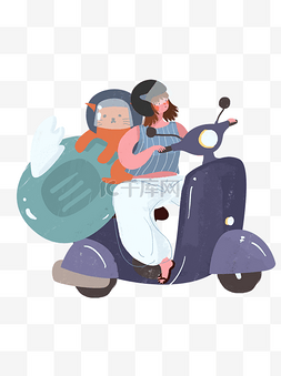 小清新骑电动车的女孩手绘插画
