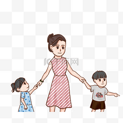 母亲牵着两个孩子手可爱插画