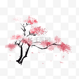 水墨画红色图片_水墨装饰远处红树桃树枝叶