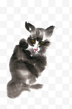 凝视的猫水墨画PNG免抠素材