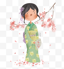 日本折扇图片_日本樱树下的和服女孩