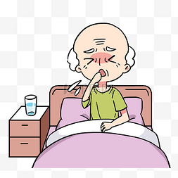 手绘卡通老爷爷在床上咳嗽免抠