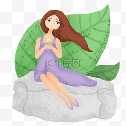 女孩坐在叶子上图片_清明节坐在石头上的女孩插画