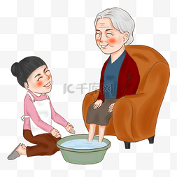 给老人洗脚图片_女儿给母亲洗脚手绘卡通插画