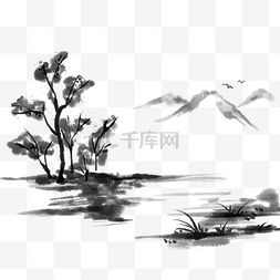 黑白山水水墨图片_中国风黑白水墨插画