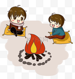 两个男孩在篝火聊天卡通插画