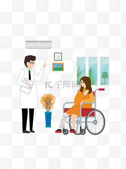 室内场景图片_医院看病问诊医生建议轮椅腿伤女