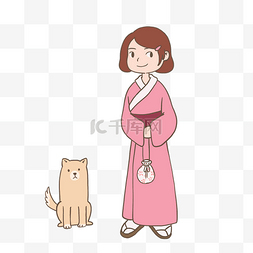 日本和风穿和服的小女孩插画免抠