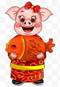 元宝小猪图片_年年有鱼小猪拜年卡通手绘