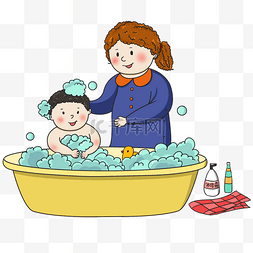 母婴帮孩子洗澡插画