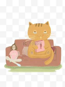 彩绘坐在沙发上的女孩和猫